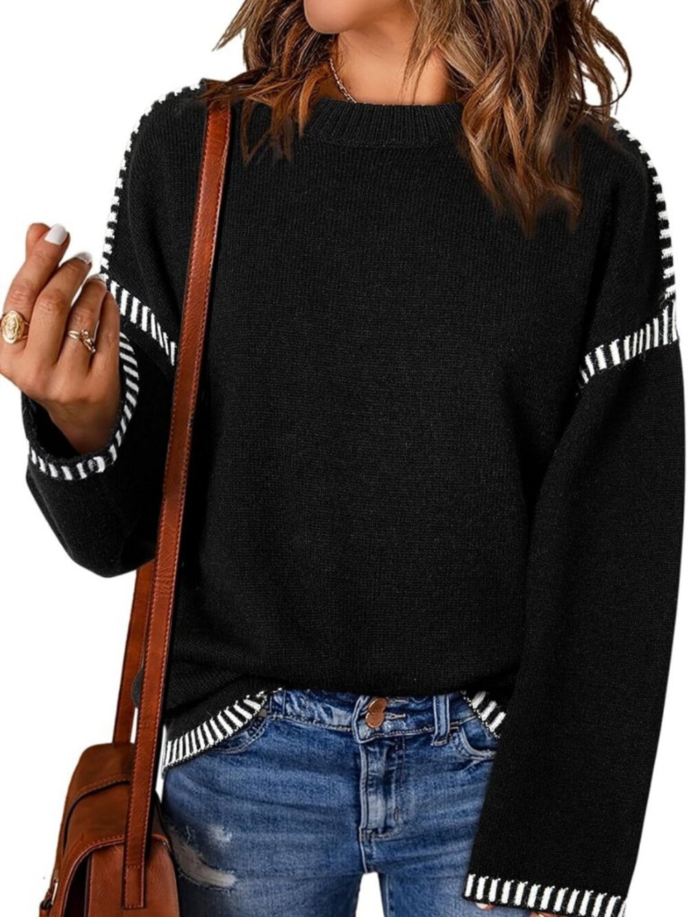 Oversized Crewneck Knit Sweater for Women | Long Sleeve Cozy Top